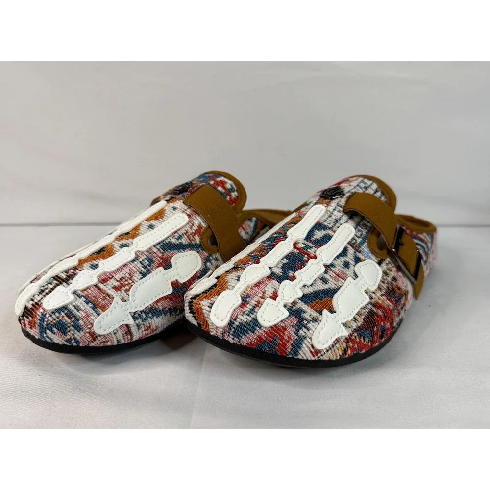 Skeleton Hand Tapestry Mules Clogs Multi-Color Woven Buckle Slip-On Shoes EU 43
